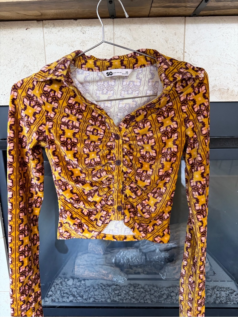 SO Mustard Yellow and Pink Patterned Button-Front Long Sleeve Top